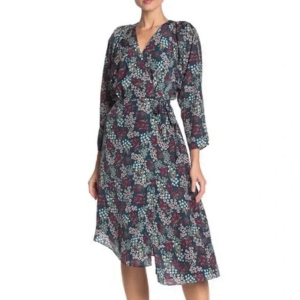 Joie Acantha NWT Green Floral Midi Wrap Dress with Asymmetrical Hem
